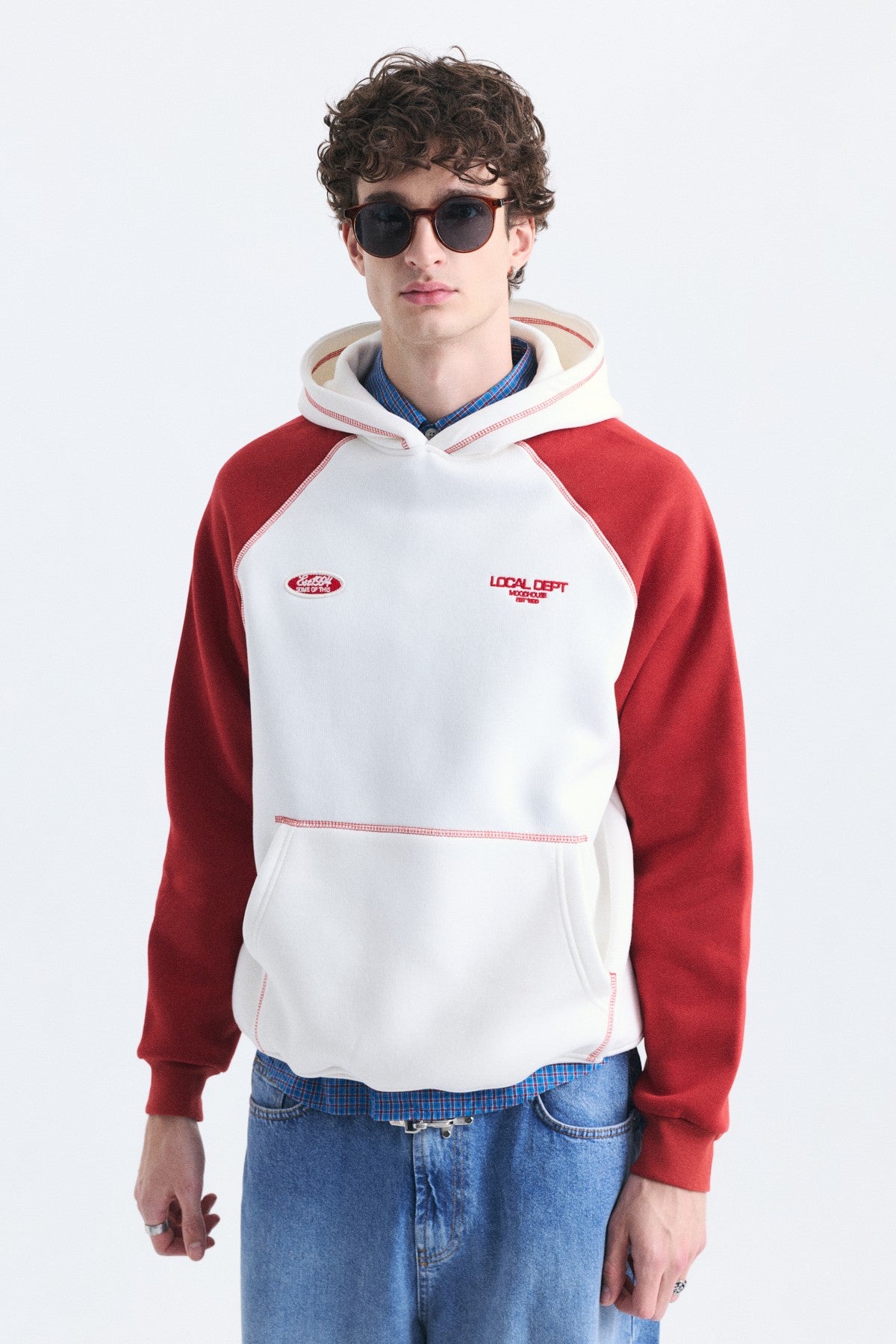 Renk Bloklu Kanguru Cepli Kapüşonlu Sweatshirt