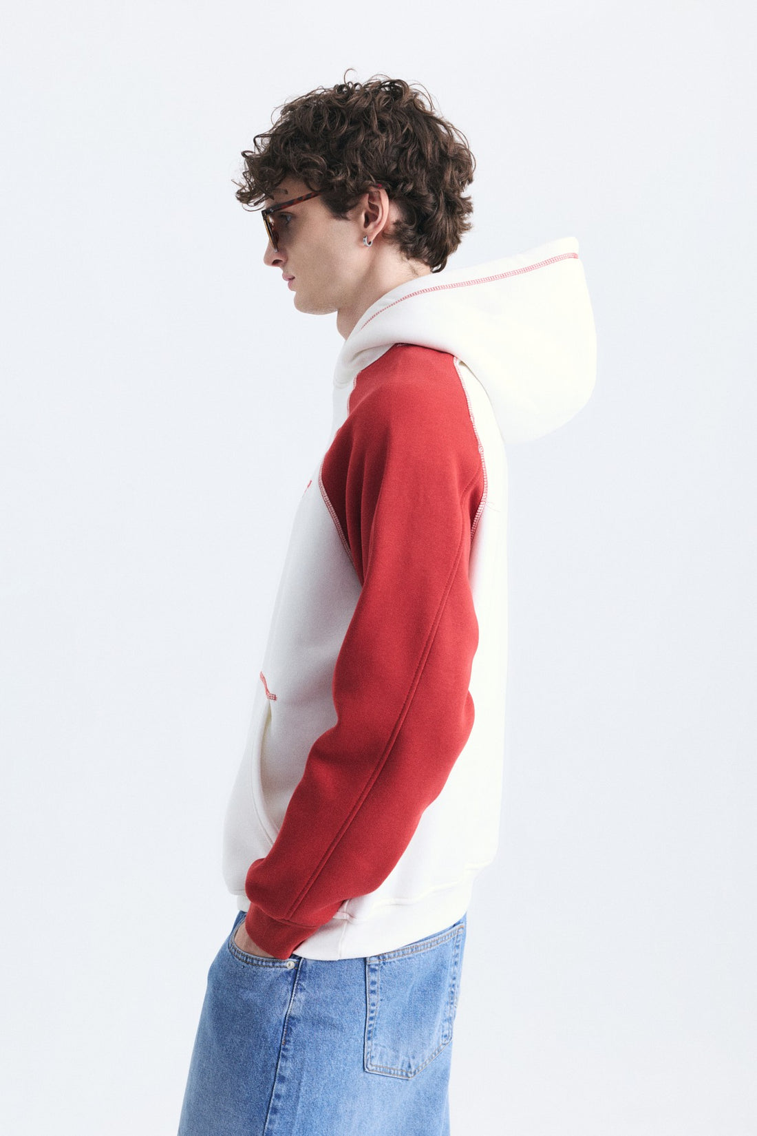 Renk Bloklu Kanguru Cepli Kapüşonlu Sweatshirt
