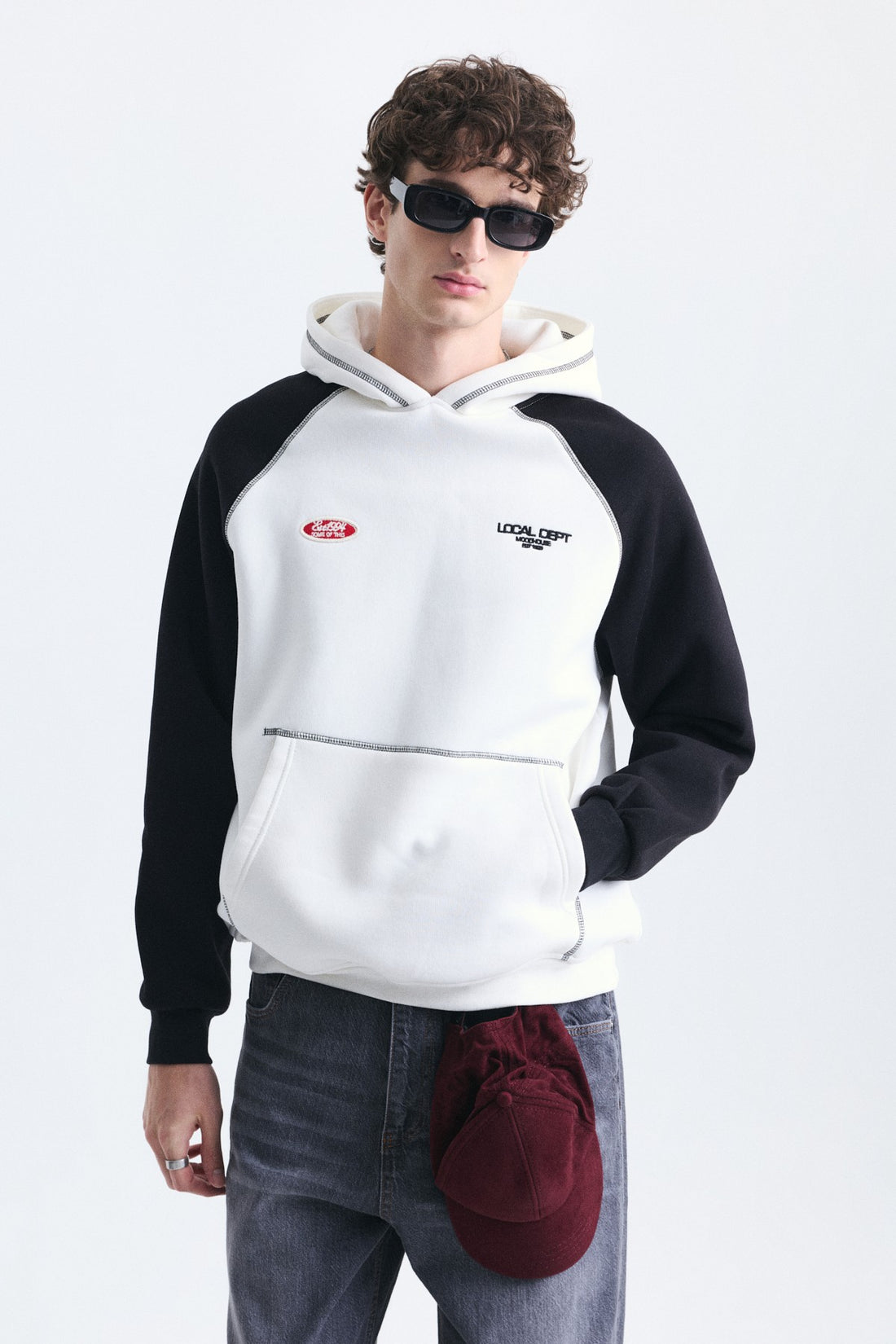 Renk Bloklu Kanguru Cepli Kapüşonlu Sweatshirt