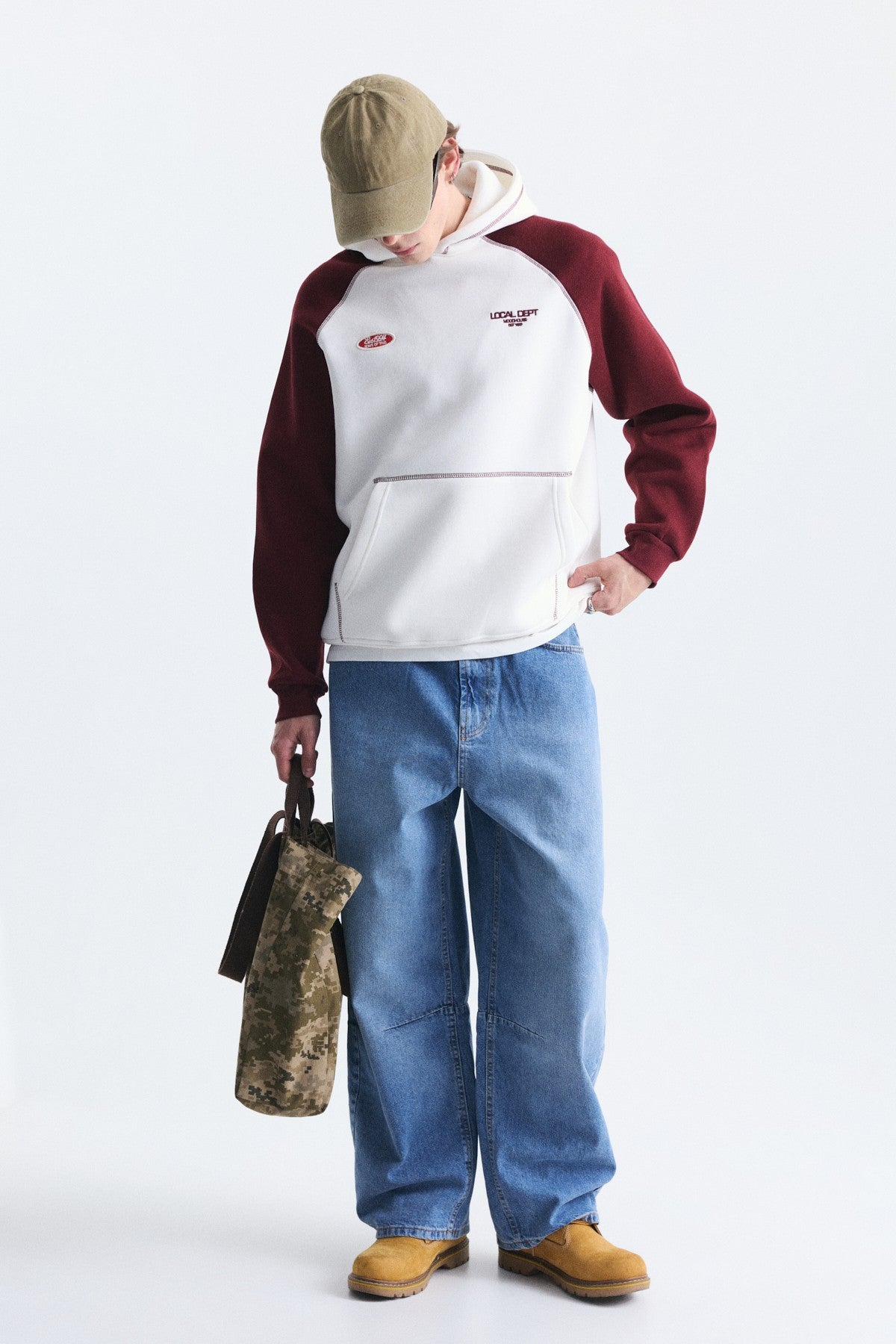 Renk Bloklu Kanguru Cepli Kapüşonlu Sweatshirt