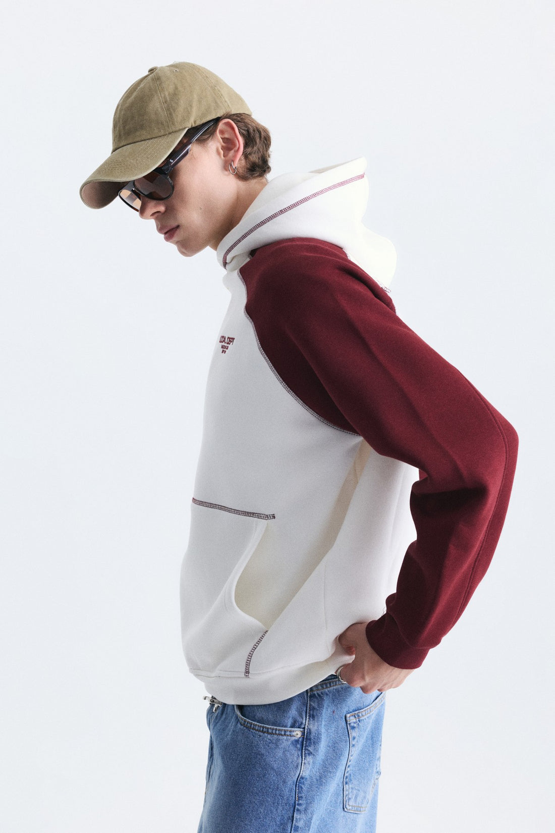 Renk Bloklu Kanguru Cepli Kapüşonlu Sweatshirt