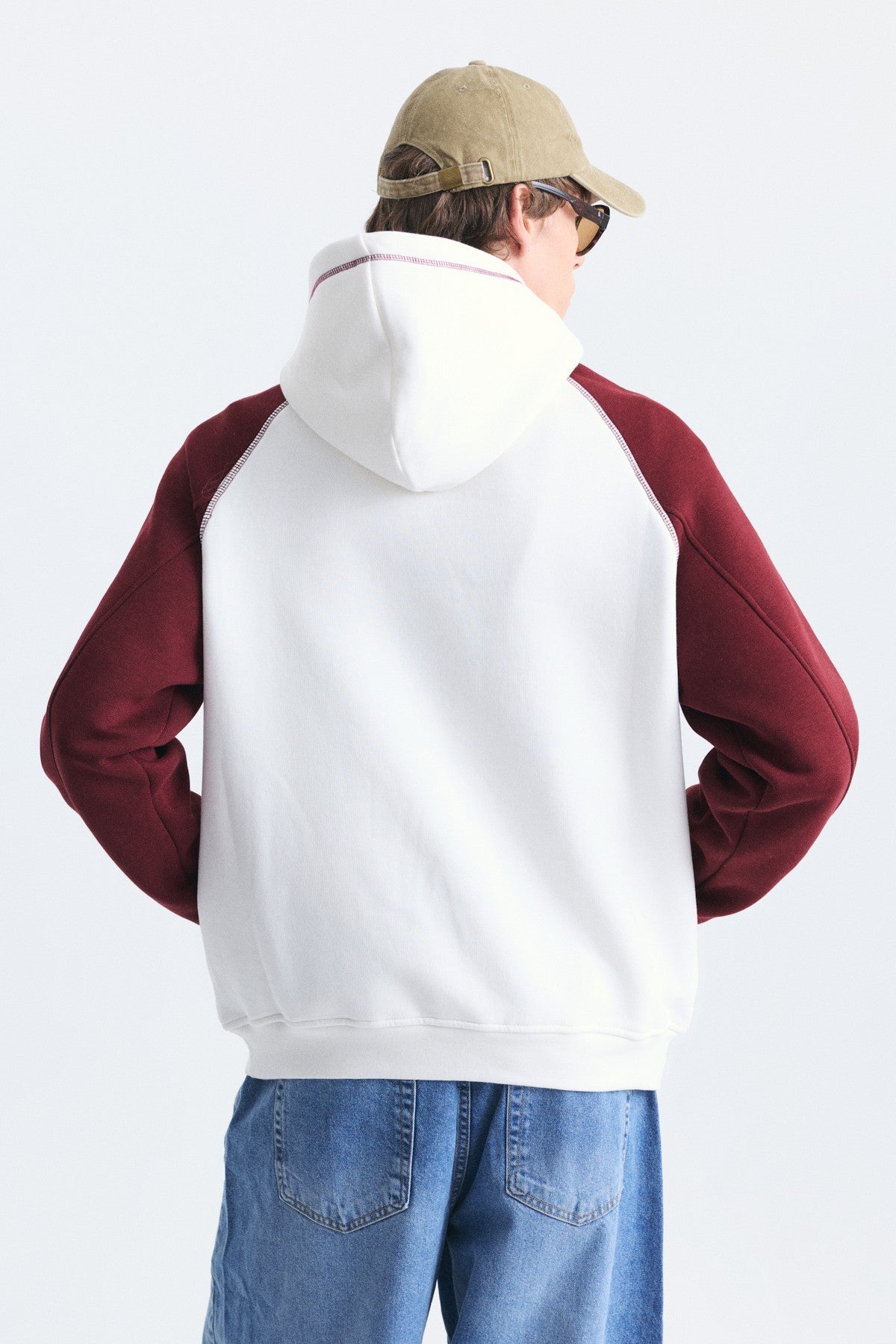 Renk Bloklu Kanguru Cepli Kapüşonlu Sweatshirt