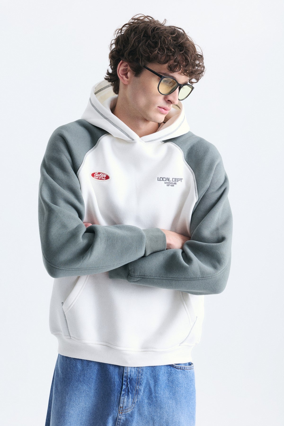 Renk Bloklu Kanguru Cepli Kapüşonlu Sweatshirt