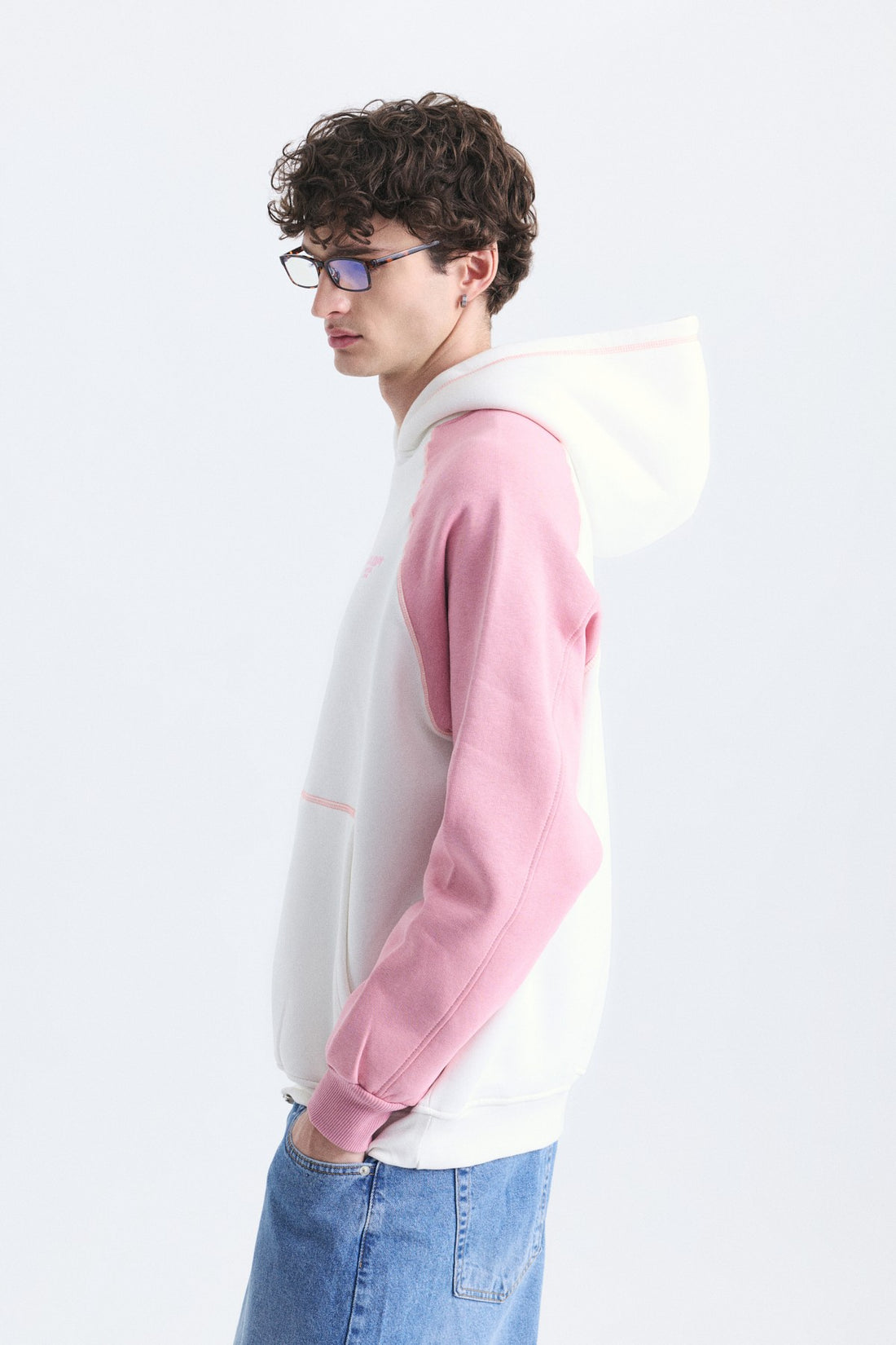 Renk Bloklu Kanguru Cepli Kapüşonlu Sweatshirt