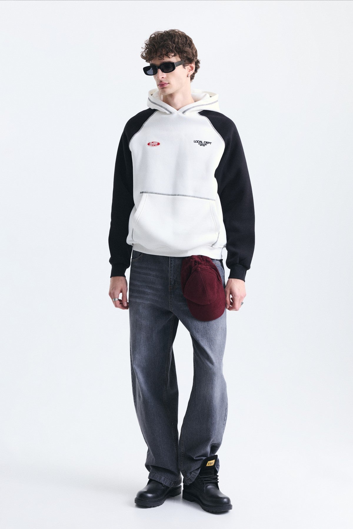 Renk Bloklu Kanguru Cepli Kapüşonlu Sweatshirt