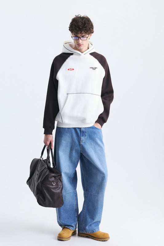 Renk Bloklu Kanguru Cepli Kapüşonlu Sweatshirt