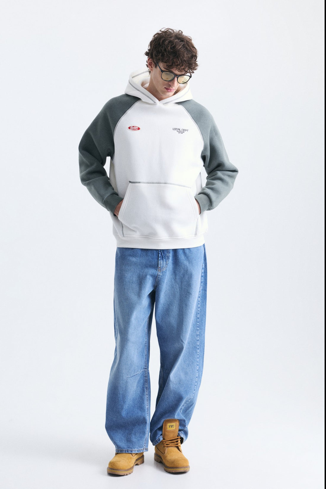Renk Bloklu Kanguru Cepli Kapüşonlu Sweatshirt
