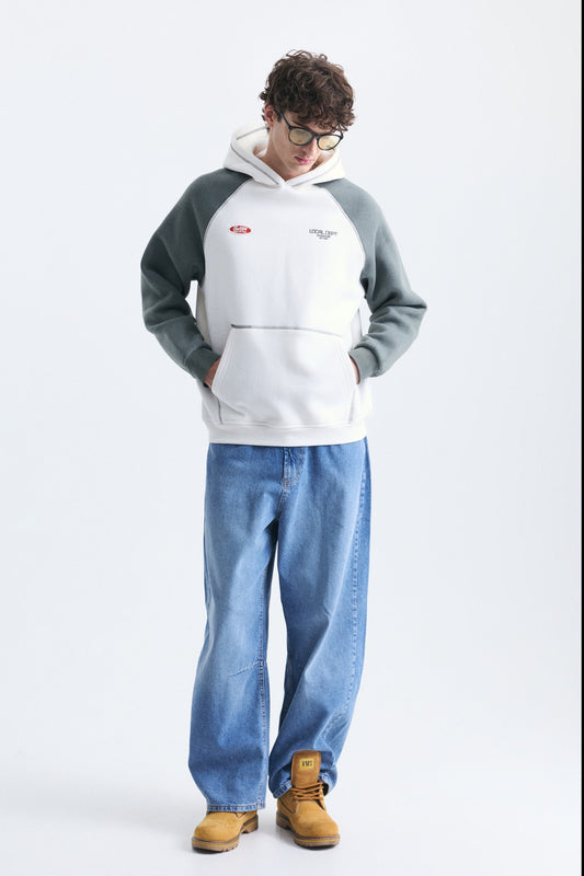 Renk Bloklu Kanguru Cepli Kapüşonlu Sweatshirt