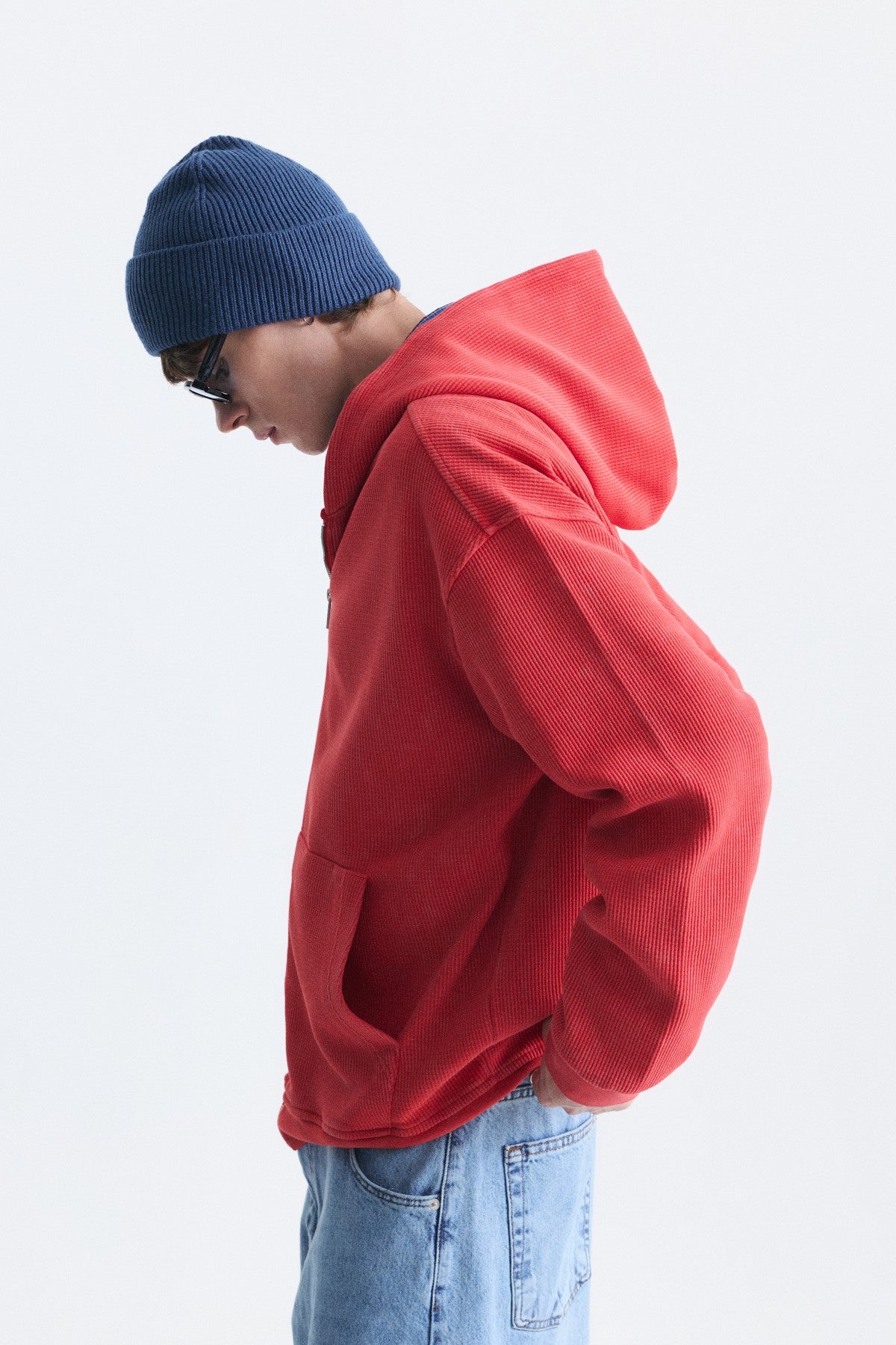Dokulu Fermuarlı Kapüşonlu Sweatshirt