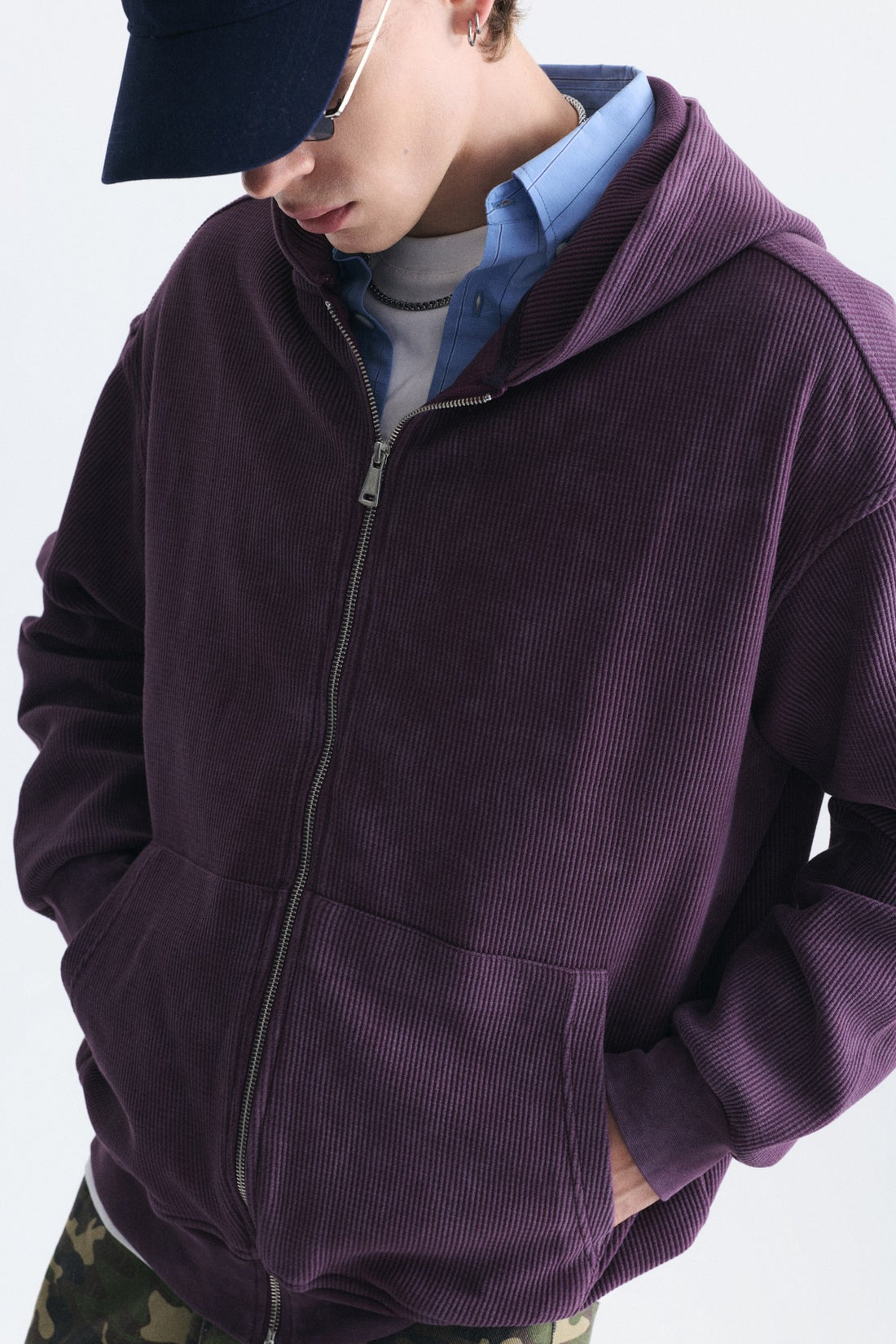 Dokulu Fermuarlı Kapüşonlu Sweatshirt