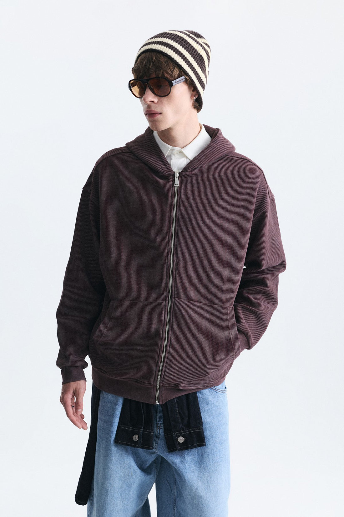 Dokulu Fermuarlı Kapüşonlu Sweatshirt