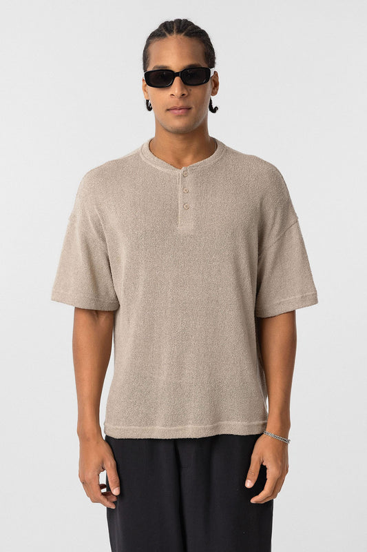 Basic Oversize Düğme Yaka Tişört