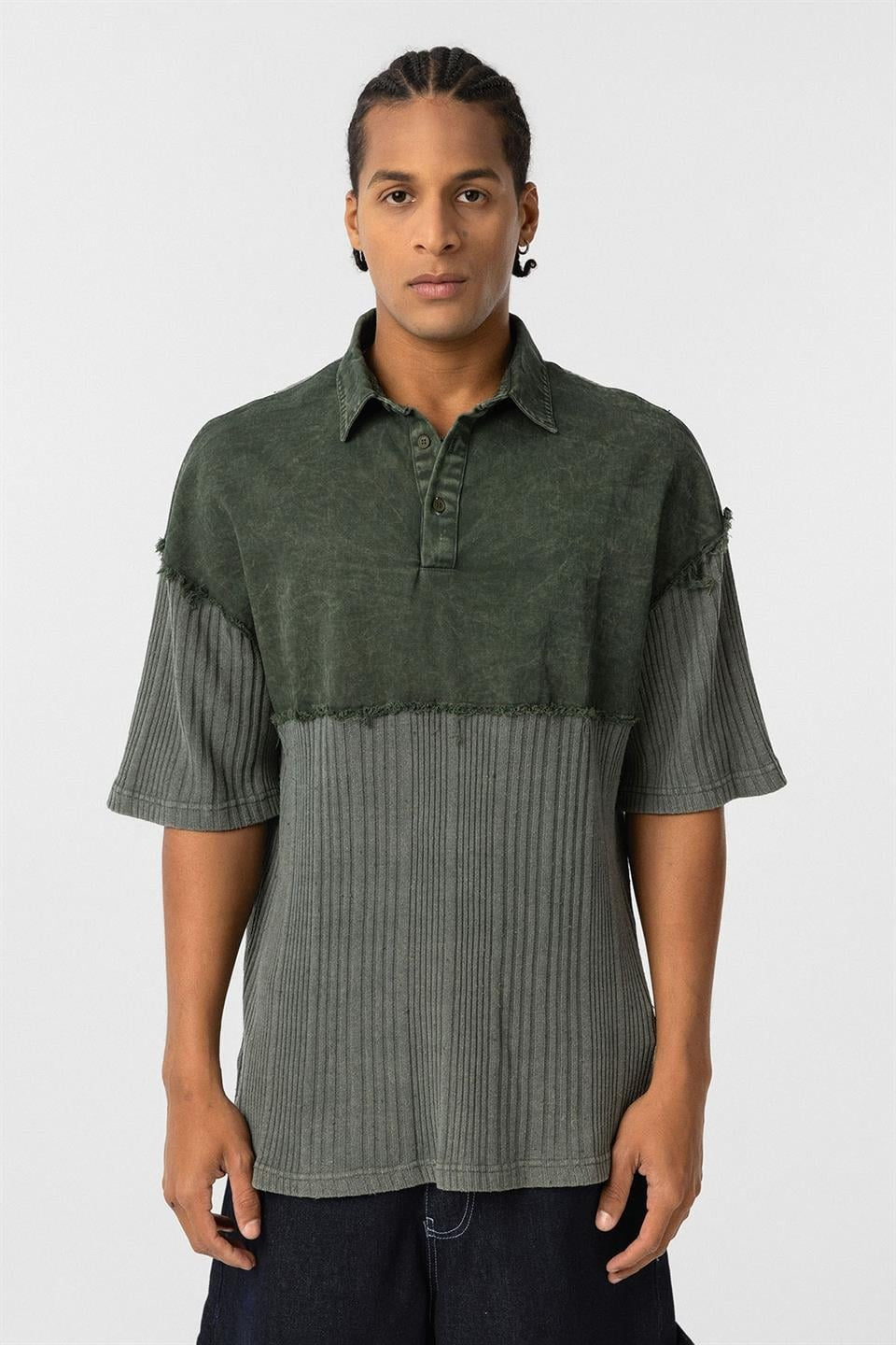 Yıkamalı Triko Oversize Polo Yaka Tişört Haki
