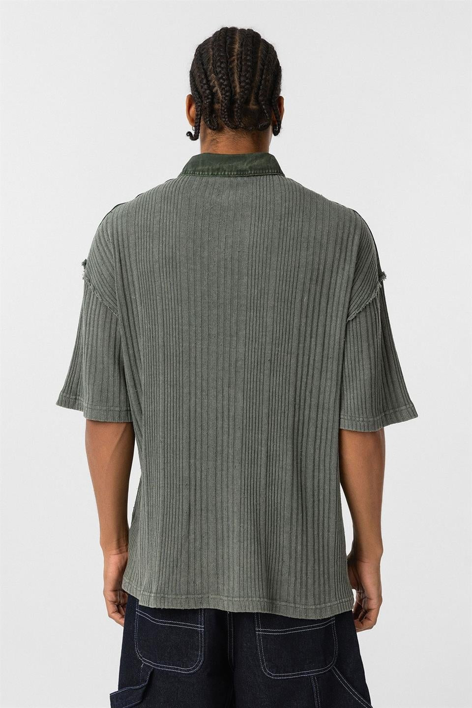 Yıkamalı Triko Oversize Polo Yaka Tişört Haki