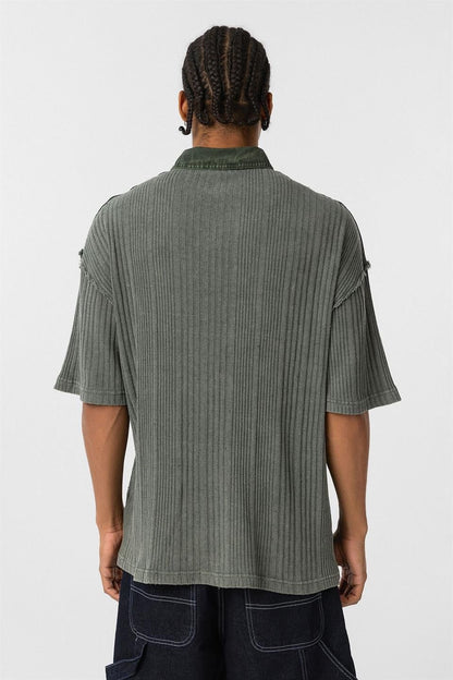 Yıkamalı Triko Oversize Polo Yaka Tişört Haki