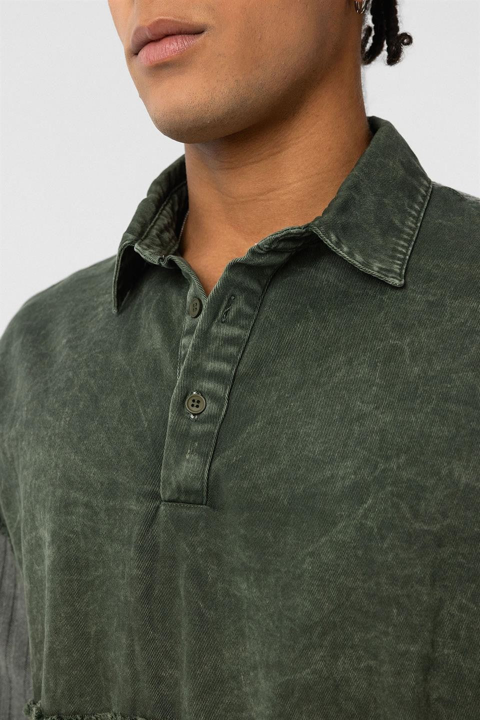 Yıkamalı Triko Oversize Polo Yaka Tişört Haki