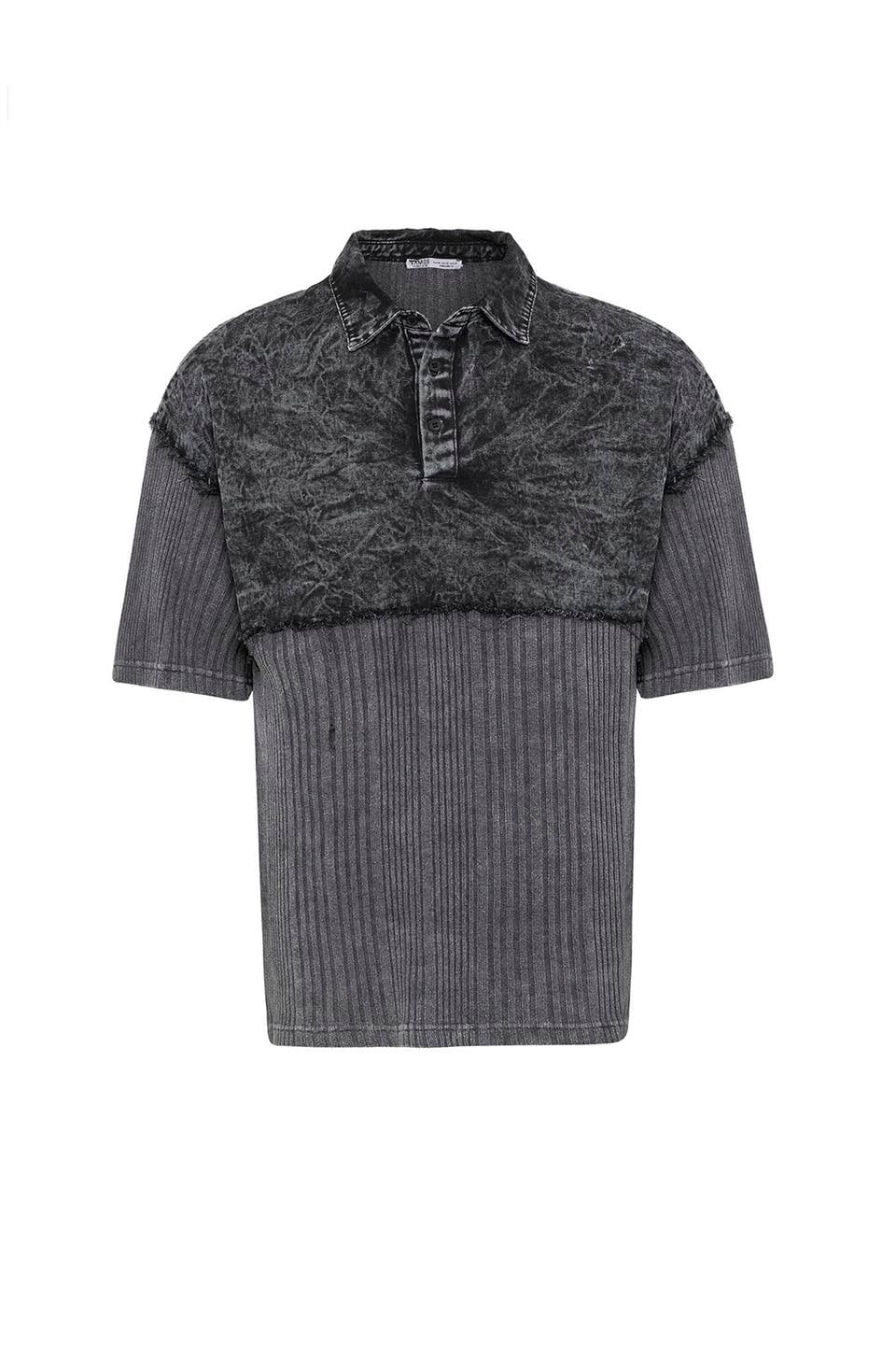 Yıkamalı Triko Oversize Polo Yaka Tişört Siyah