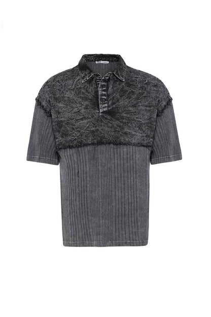 Yıkamalı Triko Oversize Polo Yaka Tişört Siyah