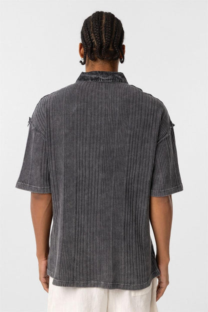 Yıkamalı Triko Oversize Polo Yaka Tişört Siyah