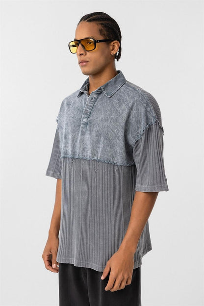 Yıkamalı Triko Oversize Polo Yaka Tişört