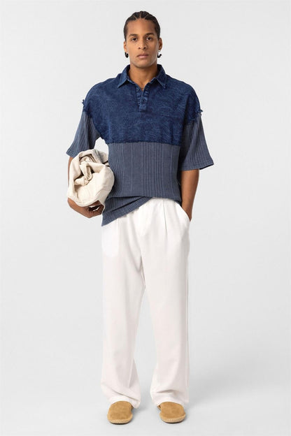 Yıkamalı Triko Oversize Polo Yaka Tişört Indigo