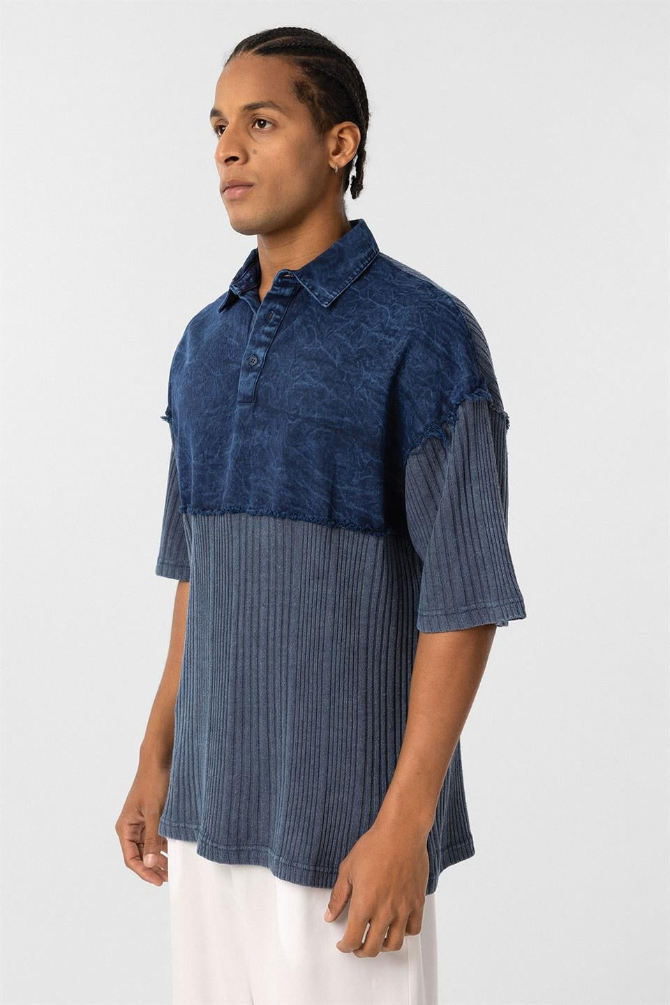 Yıkamalı Triko Oversize Polo Yaka Tişört Indigo