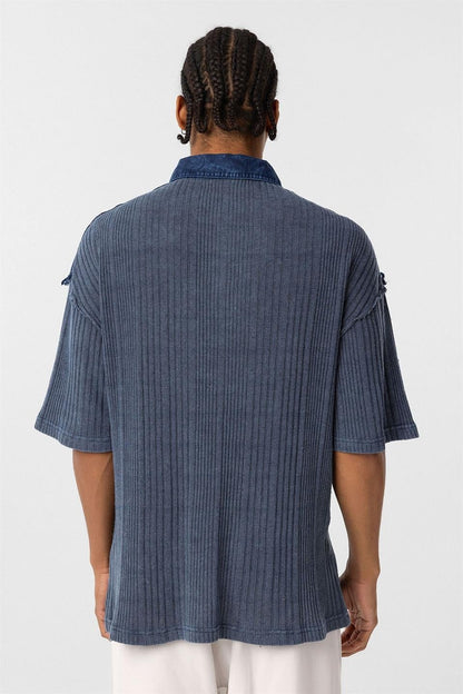 Yıkamalı Triko Oversize Polo Yaka Tişört Indigo