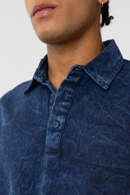 Yıkamalı Triko Oversize Polo Yaka Tişört Indigo