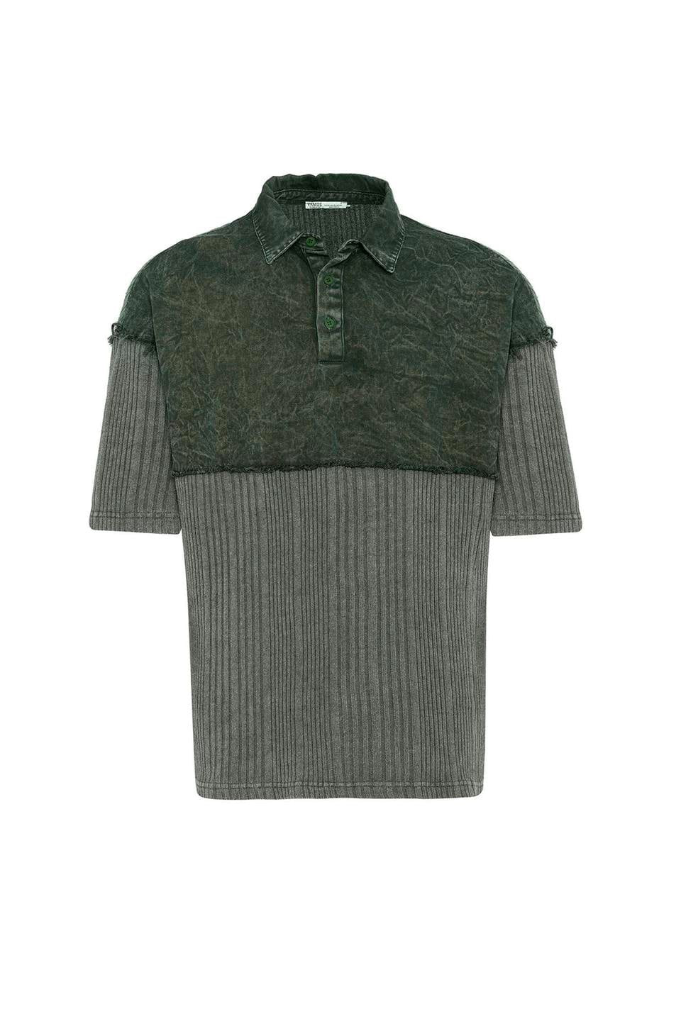 Yıkamalı Triko Oversize Polo Yaka Tişört Haki