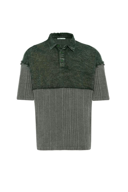 Yıkamalı Triko Oversize Polo Yaka Tişört Haki