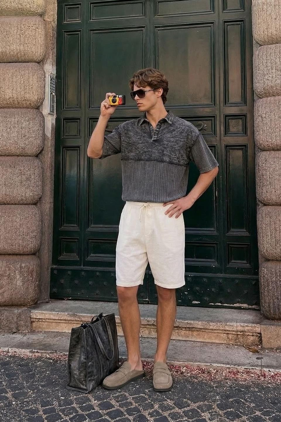 Yıkamalı Triko Oversize Polo Yaka Tişört Siyah