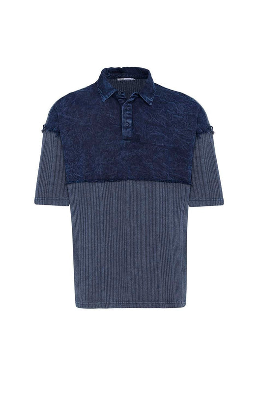 Yıkamalı Triko Oversize Polo Yaka Tişört Indigo