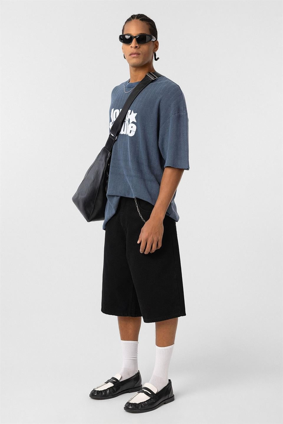 Yıkamalı Oversize Triko Tişört Indigo