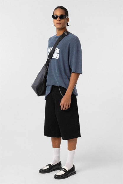 Yıkamalı Oversize Triko Tişört Indigo