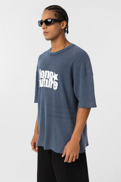 Yıkamalı Oversize Triko Tişört Indigo