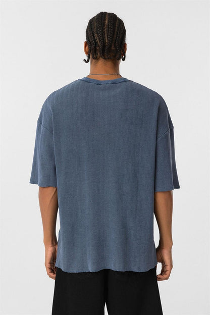 Yıkamalı Oversize Triko Tişört Indigo