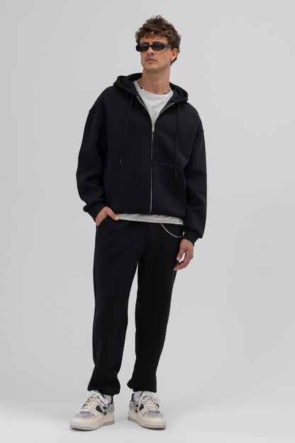 Basic Fermuarlı Oversize Kapüşonlu Sweatshirt