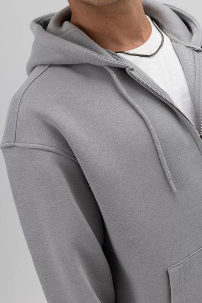 Basic Fermuarlı Oversize Kapüşonlu Sweatshirt