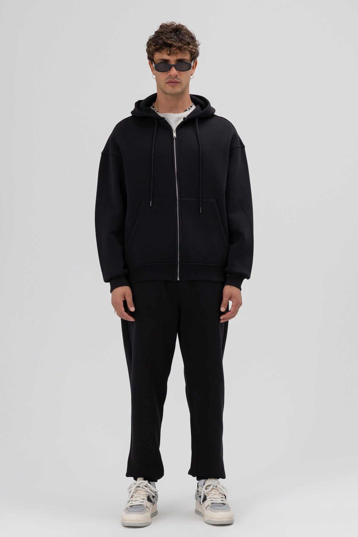 Basic Fermuarlı Oversize Kapüşonlu Sweatshirt