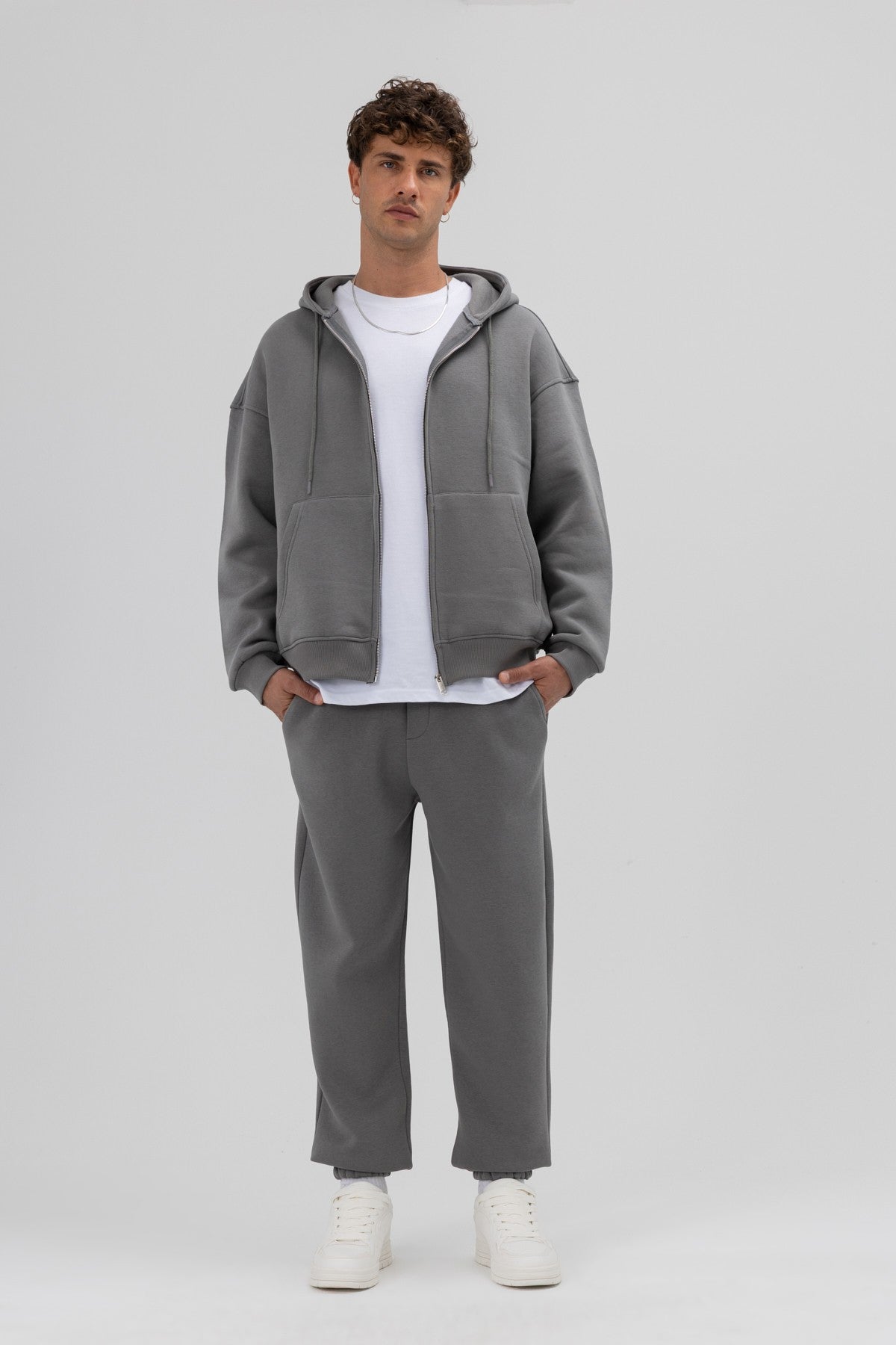 Basic Fermuarlı Oversize Kapüşonlu Sweatshirt