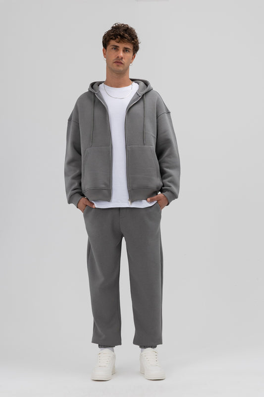 Basic Fermuarlı Oversize Kapüşonlu Sweatshirt