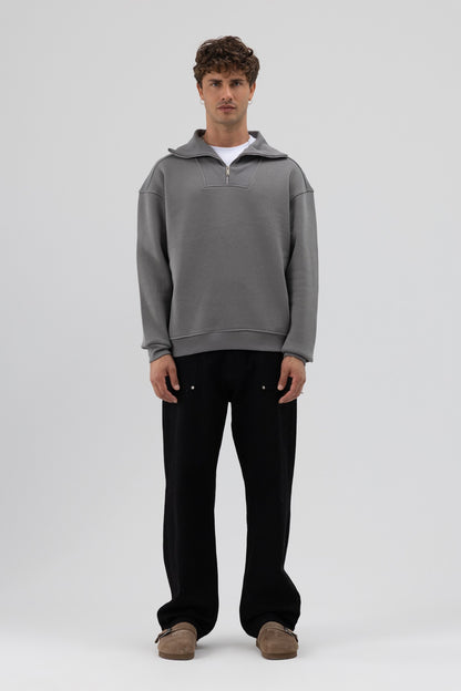 Basic Fermuarlı Dik Yaka Sweatshirt