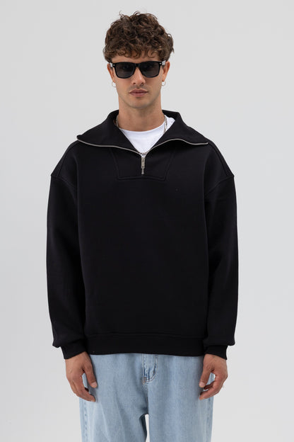 Basic Fermuarlı Dik Yaka Sweatshirt