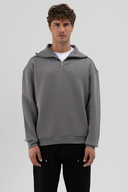 Basic Fermuarlı Dik Yaka Sweatshirt