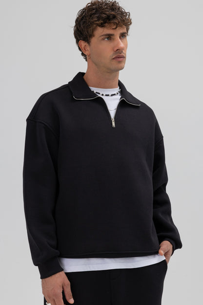Oversize Fermuarlı Dik Yaka Sweatshirt