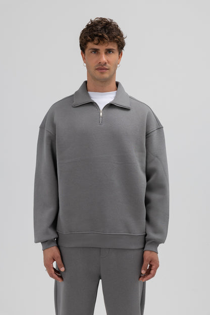 Oversize Fermuarlı Dik Yaka Sweatshirt