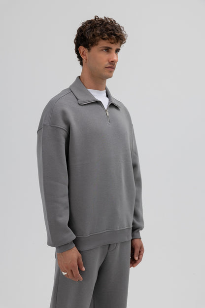 Oversize Fermuarlı Dik Yaka Sweatshirt