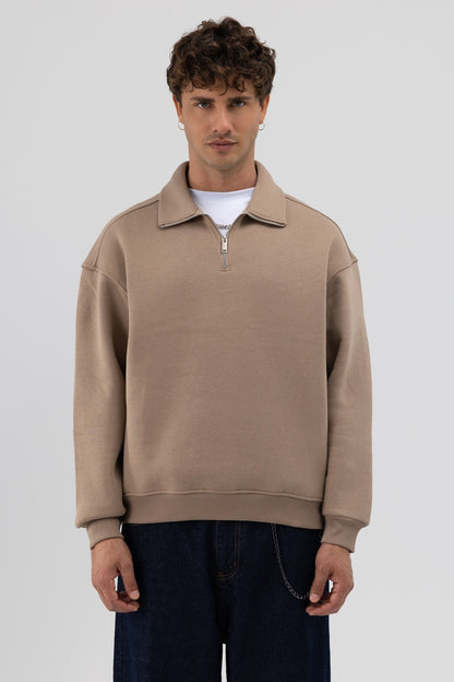 Oversize Fermuarlı Dik Yaka Sweatshirt