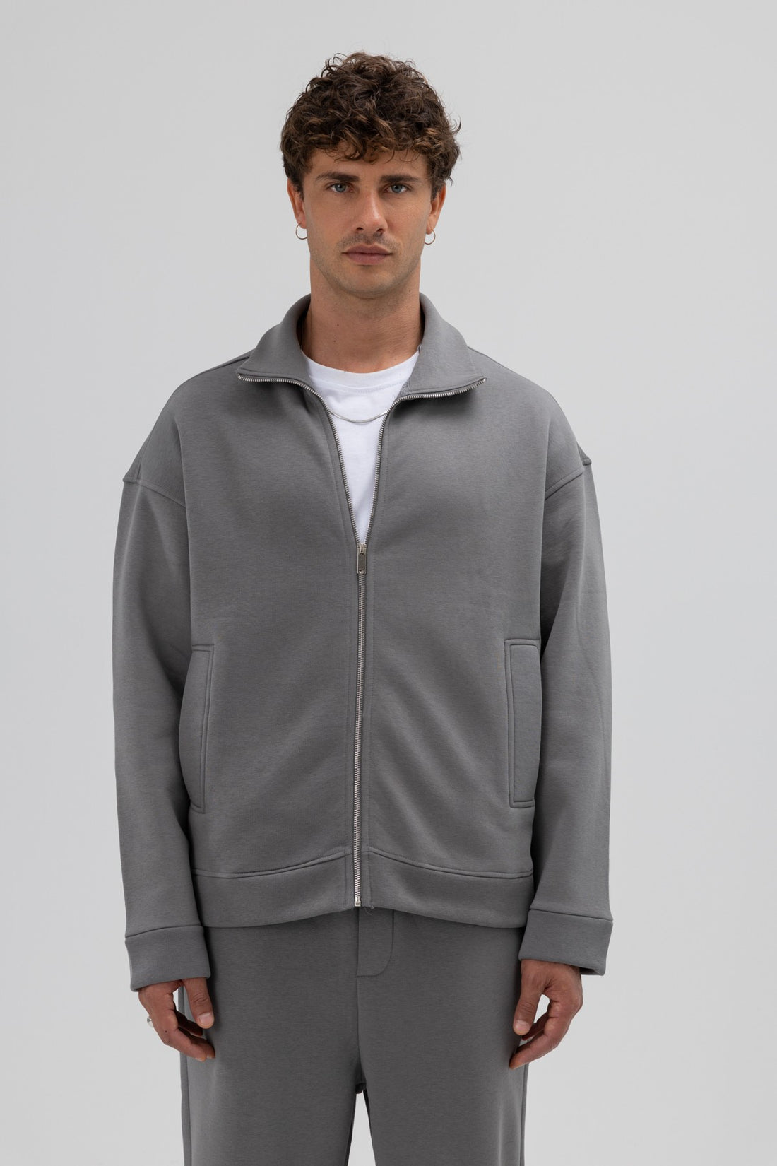 Oversize Önü Fermuarlı Dik Yaka Sweatshirt