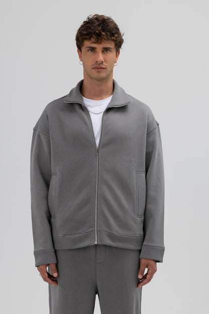 Oversize Önü Fermuarlı Dik Yaka Sweatshirt